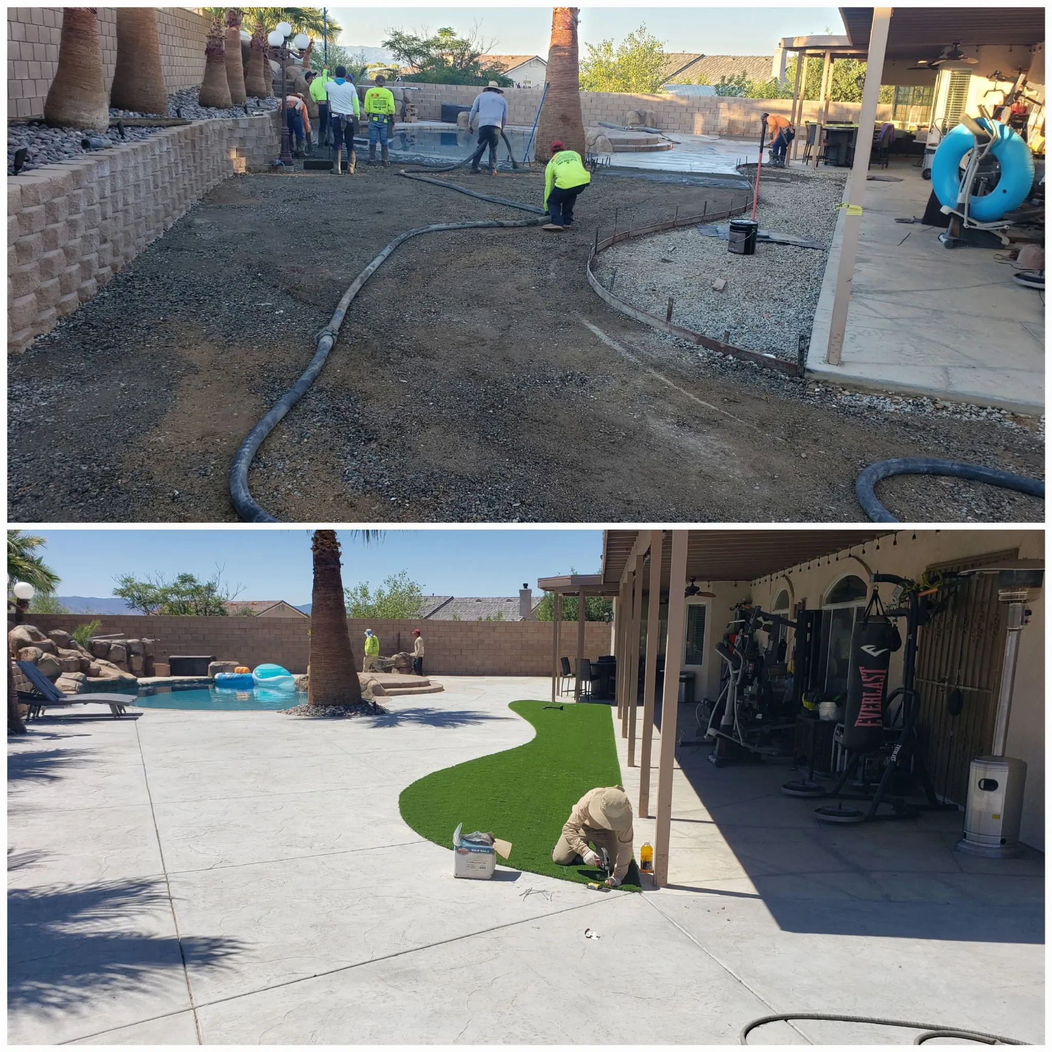 Pool backyard renovation — from dirt and concrete prep to finished patio, turf strip, and home gym area