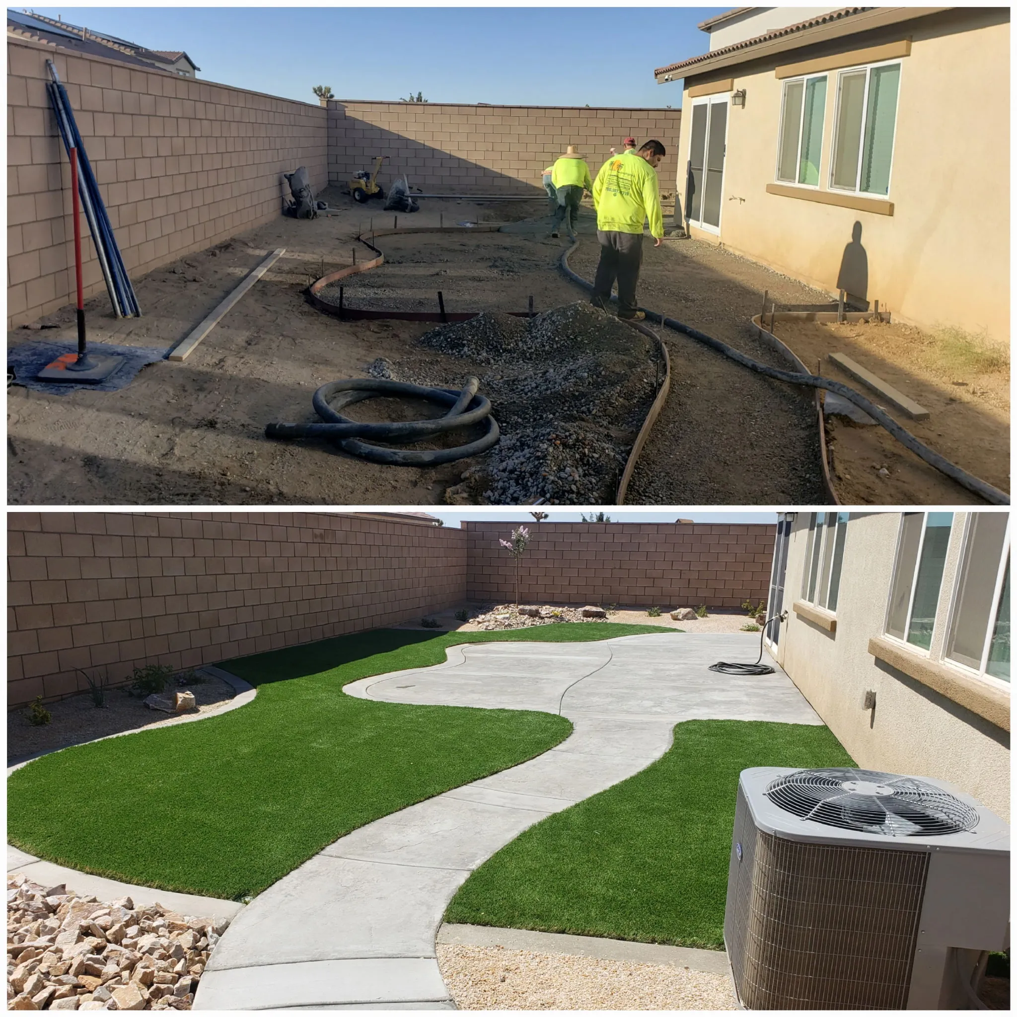 Narrow side yard reclaimed — irrigation and grading to a curved turf path along the block wall