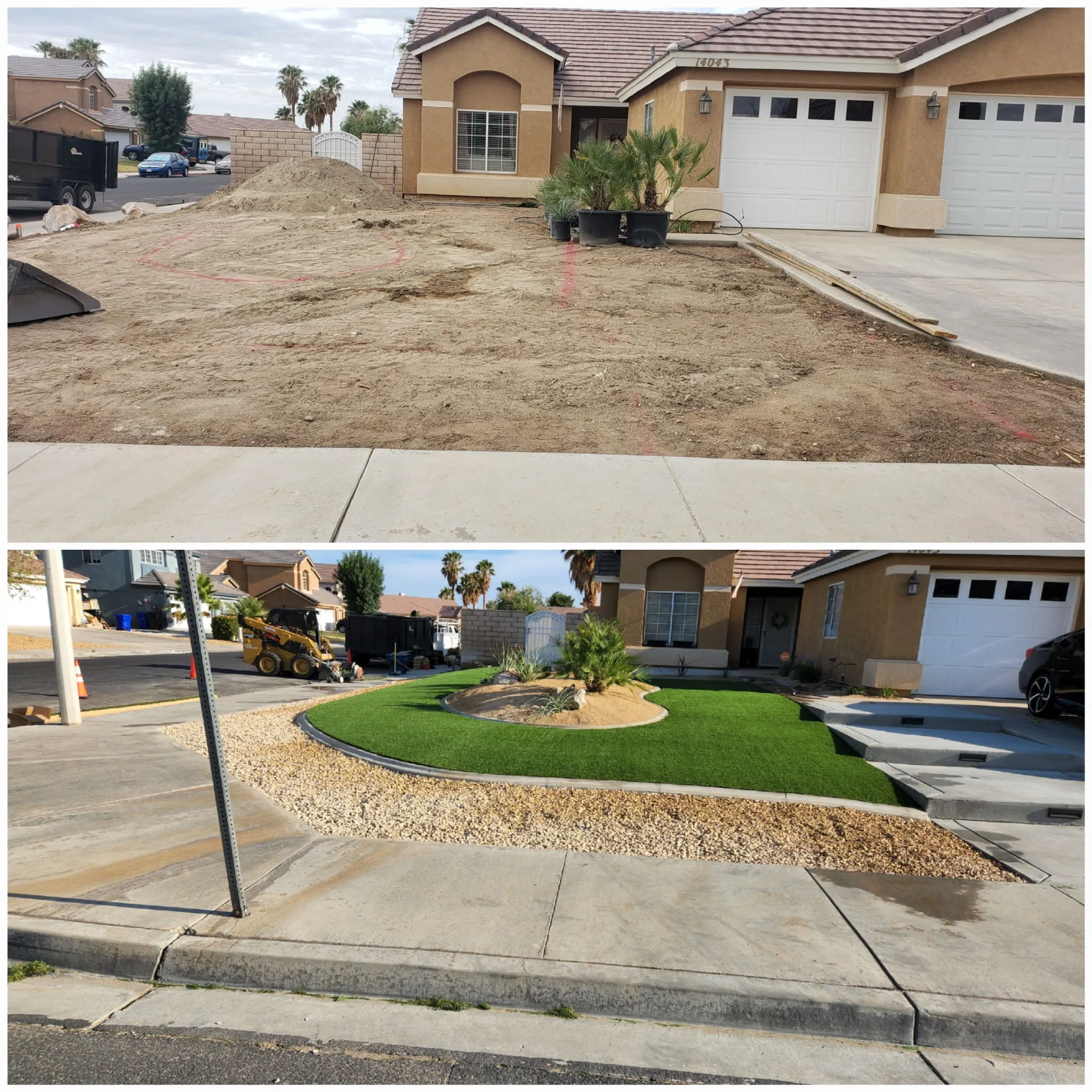 Backyard corner rebuilt with a boulder retaining bed, new tree, and stamped concrete patio
