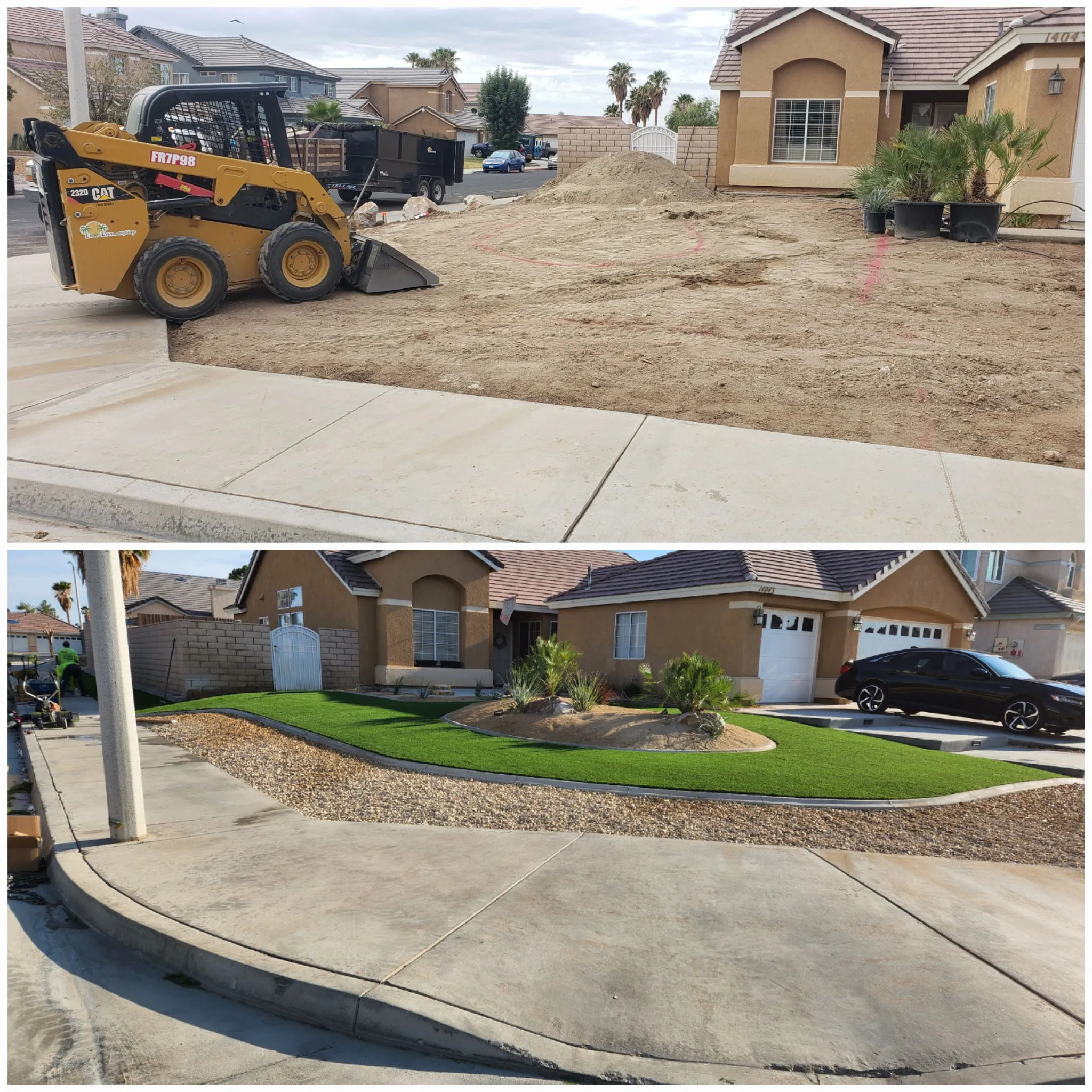 Same front yard project — skid steer grading before turf and planting install
